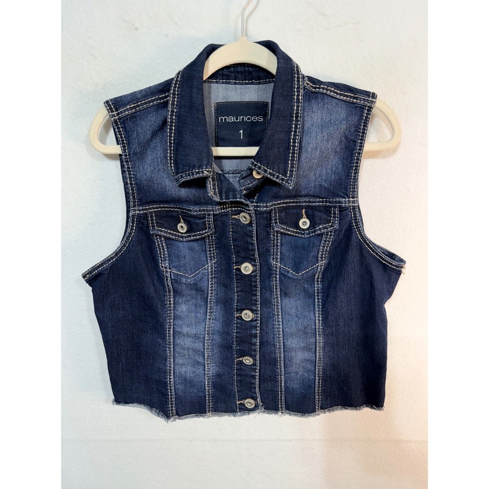 Maurices Denim Vest Cropped Distressed Women's Size 1 1X Dark Wash Western Boho
